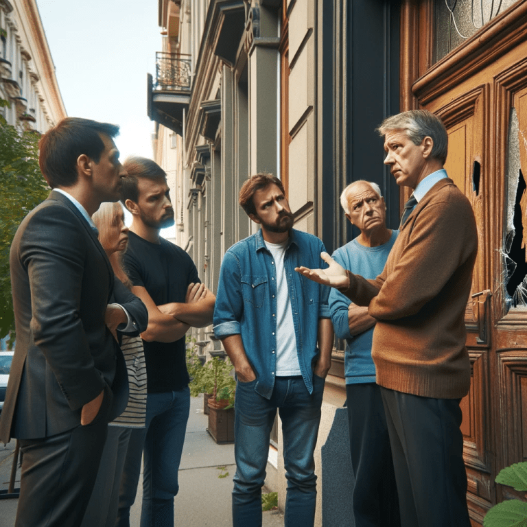 ljudi stoje ispred zgrade s razbijenim ulaznim vratima i raspravljaju na ulici